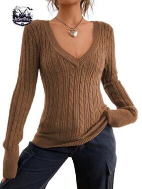 Cable Knit V Neck Long Sleeve Slim Fit Pullover Sweater Top